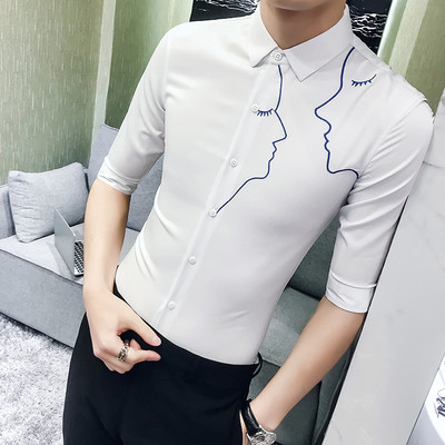 Модерна мъжка риза с 3/4 ръкав и бродерия - Slim модел