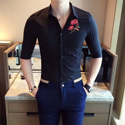 Μοντέρνο πουκάμισο ατόμων με έγχρωμο κέντημα και μανίκι 3/4 - Λεπτό μοντέλο