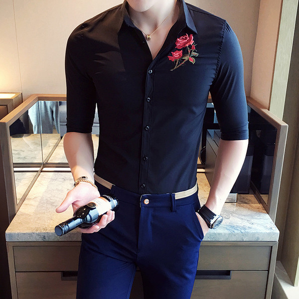 Μοντέρνο πουκάμισο ατόμων με έγχρωμο κέντημα και μανίκι 3/4 - Λεπτό μοντέλο