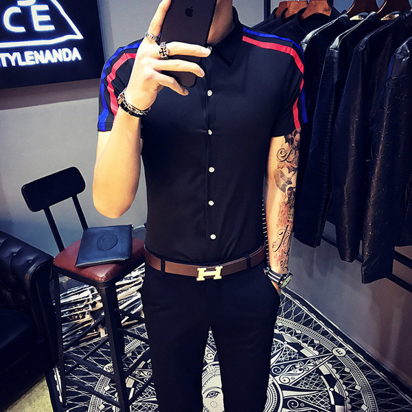 Cămașă bărbătească stilată cu mâneci scurte în 2 culori - model Slim