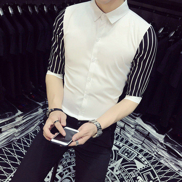 Cămașă bărbătească cu mâneci interesante și guler înalt în două culori