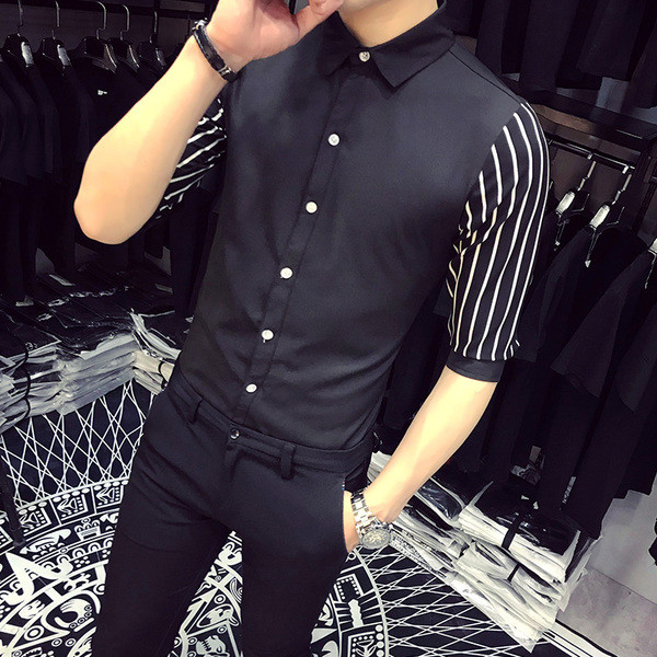 Cămașă bărbătească cu mâneci interesante și guler înalt în două culori