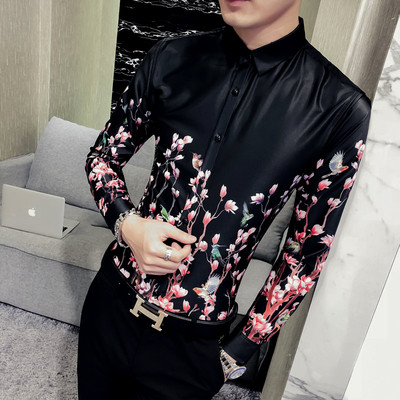Елегантна мъжка сатенена риза с апликация цветя - Slim модел