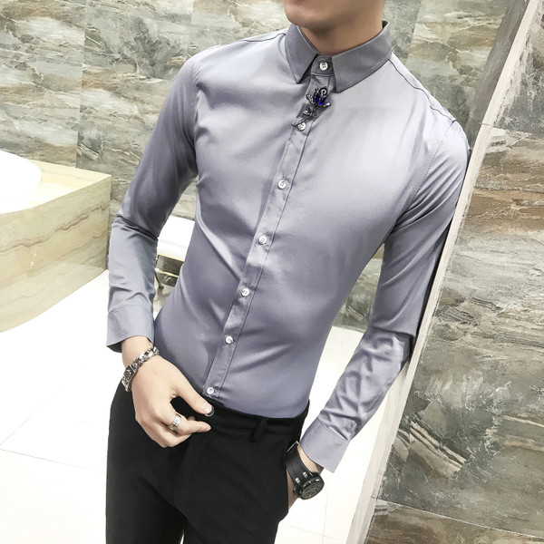 Cămașă bărbătească uni din satin cu mâneci lungi, în mai multe culori