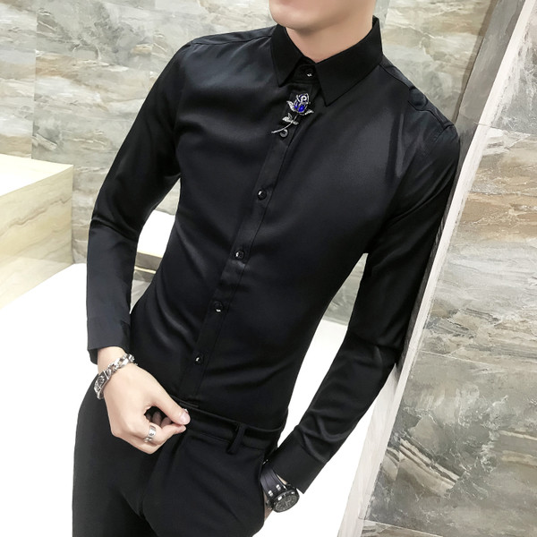 Cămașă bărbătească uni din satin cu mâneci lungi, în mai multe culori