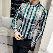 Cămașă modernă pentru bărbați din satin în dungi, cu mâneci lungi