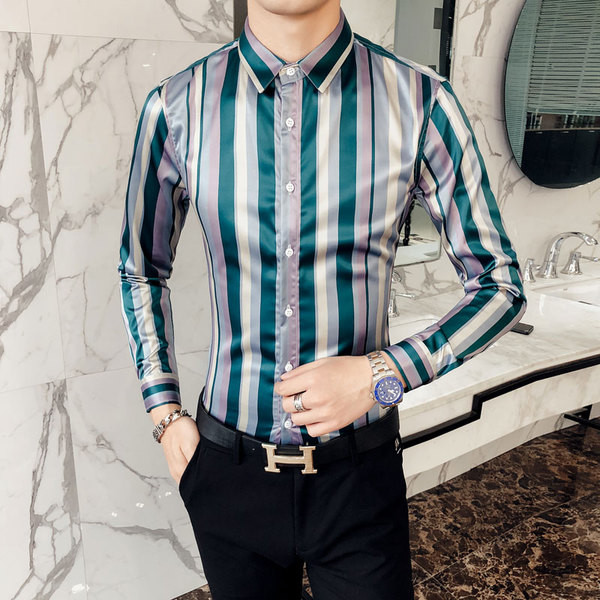 Cămașă modernă pentru bărbați din satin în dungi, cu mâneci lungi