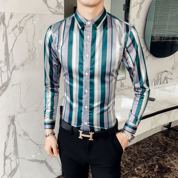 Cămașă modernă pentru bărbați din satin în dungi, cu mâneci lungi