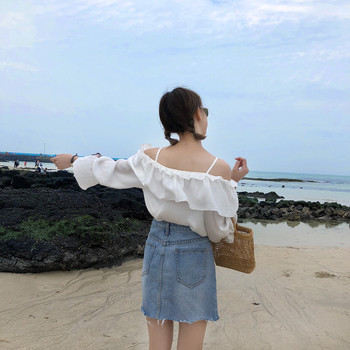 Fusta eleganta din denim de culoare deschisa