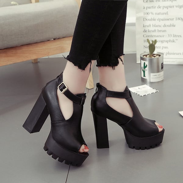 Sandale de dama elegante din piele ecologica cu toc gros