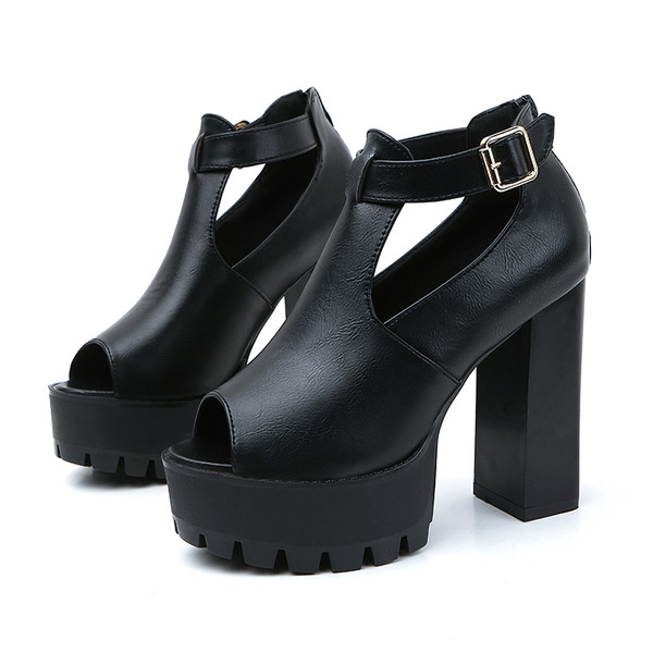 Sandale de dama elegante din piele ecologica cu toc gros