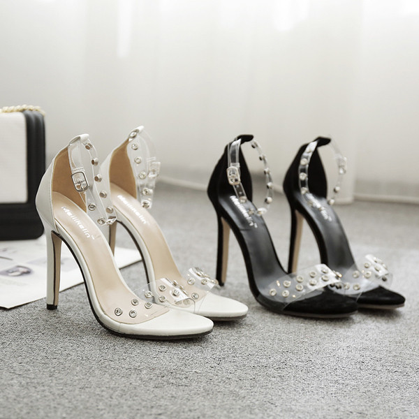 Sandale de vară damă cu toc subțire și pietre de decor pe curea în alb-negru