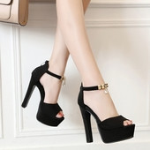 Sandale de vara dama cu toc inalt si element auriu pe glezna de culoare neagra