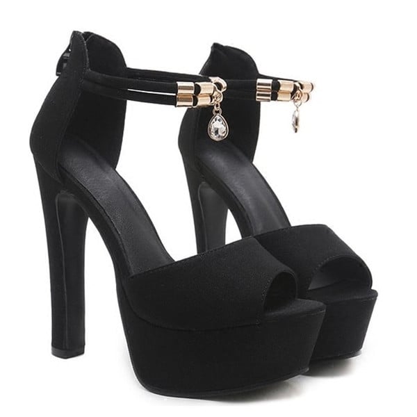 Sandale de vara dama cu toc inalt si element auriu pe glezna de culoare neagra