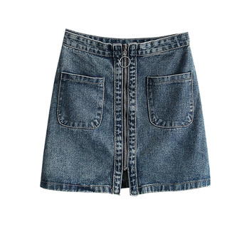 Μοντέρνα φούστα denim με ψηλό φερμουάρ στη μέση