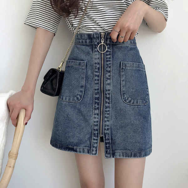 Fusta modernă din denim cu fermoar cu talie înaltă