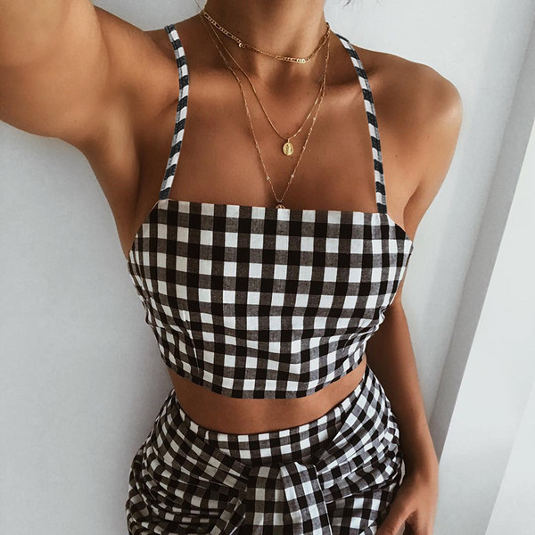 Top de damă în carouri cu spatele deschis