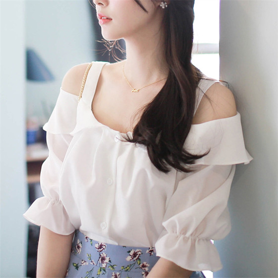 Γυναικεία μπλούζα σιφόν με ανοιχτούς ώμους και μανίκι 3/4