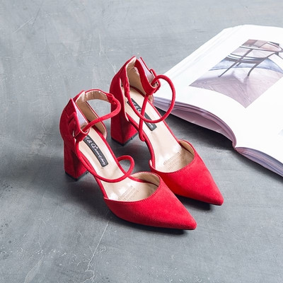 Велурени дамски сандали заострен модел  с връзки в няколко цвята 