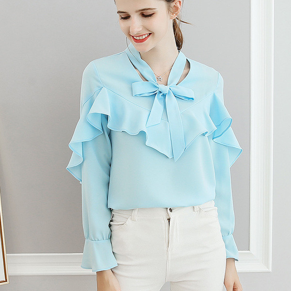 Cămașă modernă de damă cu mâneci lungi și panglică în mai multe culori