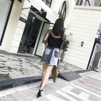 Fusta modernă din denim bicolor cu fermoar