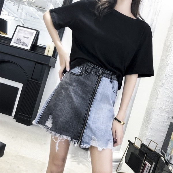 Fusta modernă din denim bicolor cu fermoar