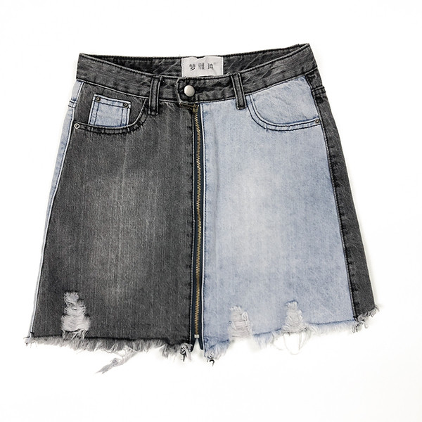 Fusta modernă din denim bicolor cu fermoar