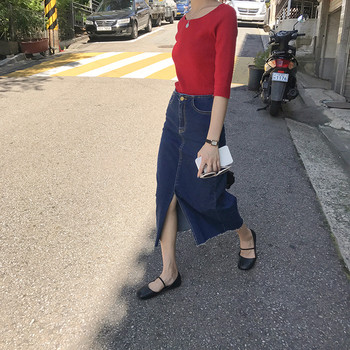 Fusta lungă de blugi de damă modernă de culoare albastru închis