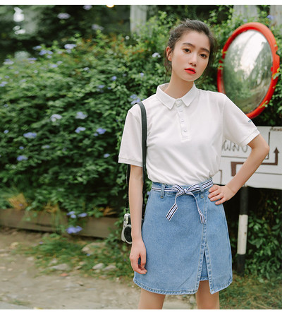 Γυναικεία φούστα denim με κορδέλα σε ανοιχτόχρωμο χρώμα