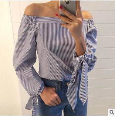 Γυναικεία μπλούζα με πτώση ώμων και μακρύ μανίκι με κορδέλα - ριγέ