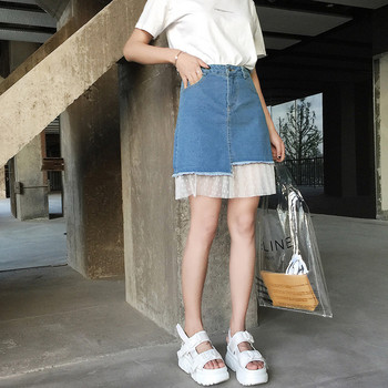 Дамска дънкова асиметрична пола с дантела