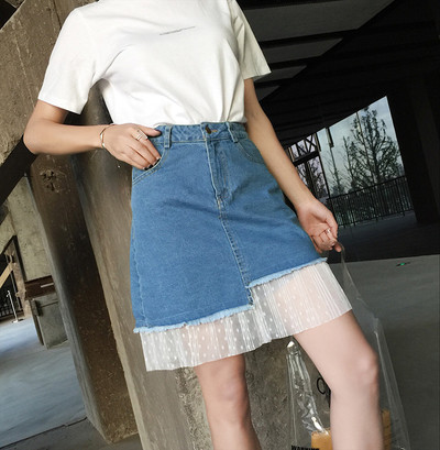 Дамска дънкова асиметрична пола с дантела