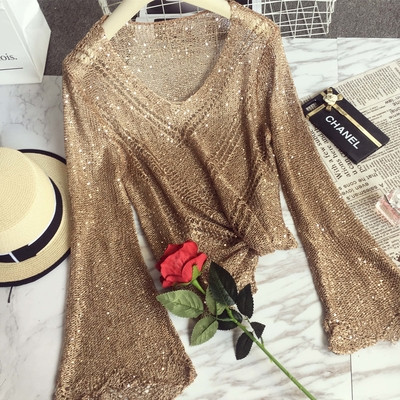 Bluză de damă strălucitoare cu decolteu în V și mâneci lotus