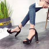 Sandale de dama elegante cu toc gros din piele ecologica in doua culori