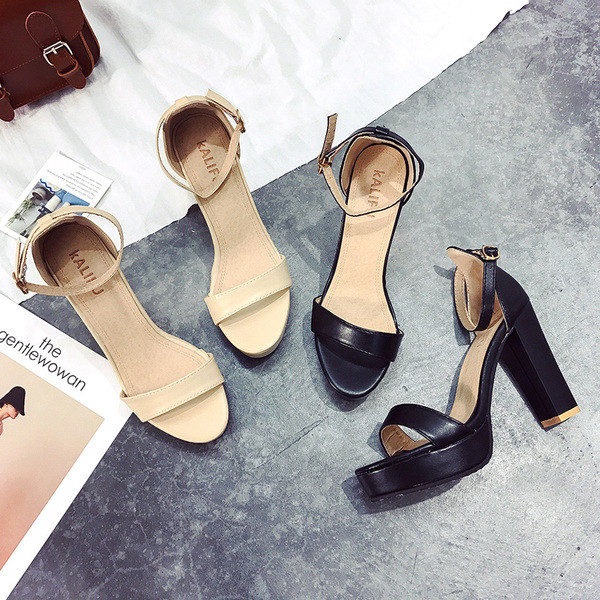 Sandale de dama elegante cu toc gros din piele ecologica in doua culori