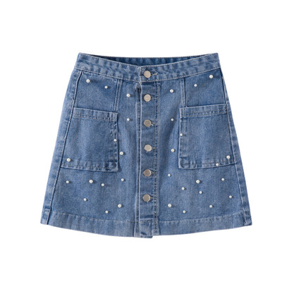 Ασύμμετρη φούστα denim με μαργαριτάρια σε ανοιχτόχρωμο χρώμα