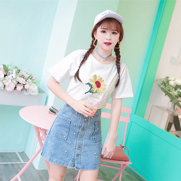 Fusta denim asimetrica cu perle de culoare deschisa