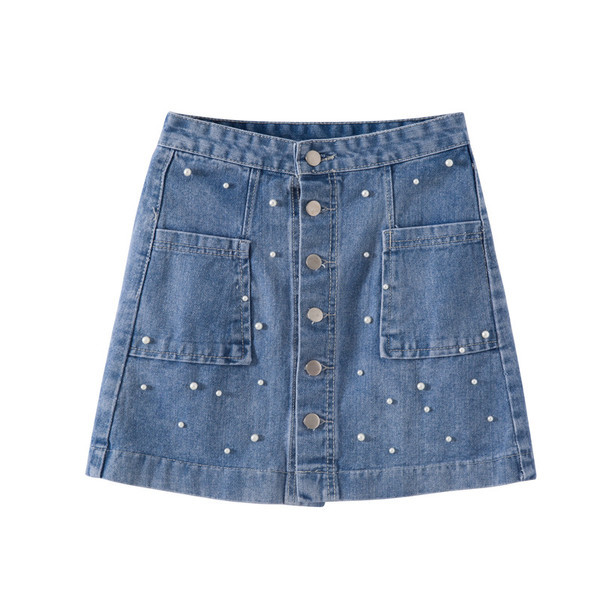 Fusta denim asimetrica cu perle de culoare deschisa