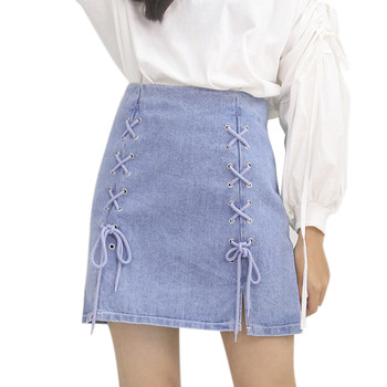 Γυναικεία φούστα denim σε ανοιχτόχρωμο χρώμα και γραβάτες