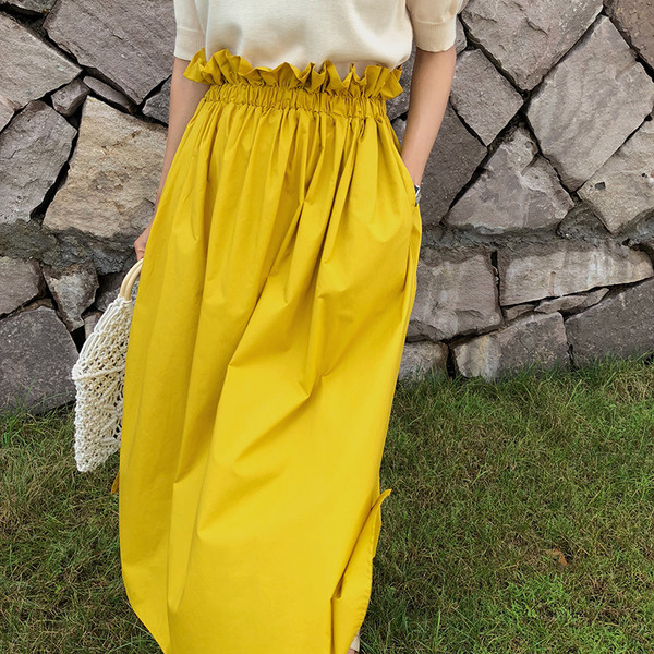 Fusta lunga de dama cu talie inalta de culoare galbena