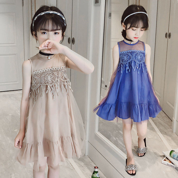 Rochie moderna pentru copii pentru fata cu dantela si elemente transparente in doua culori