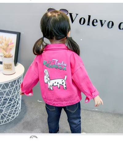 Geaca de denim pentru fete pentru copii in roz si galben cu aplicatie