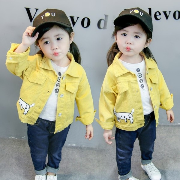 Geaca de denim pentru fete pentru copii in roz si galben cu aplicatie