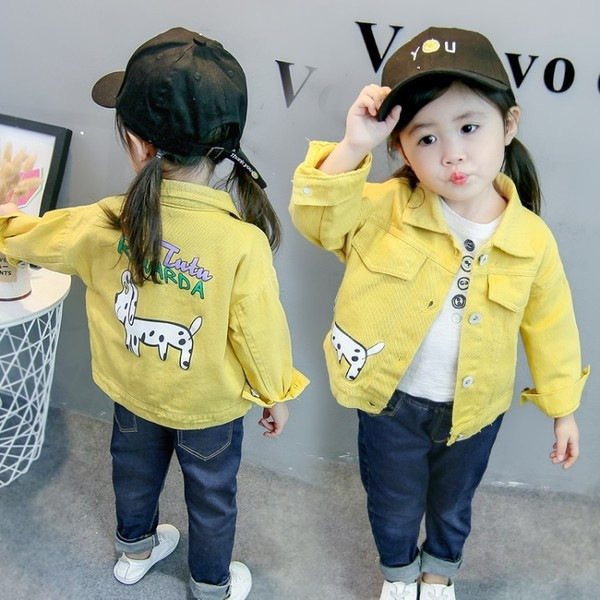 Geaca de denim pentru fete pentru copii in roz si galben cu aplicatie