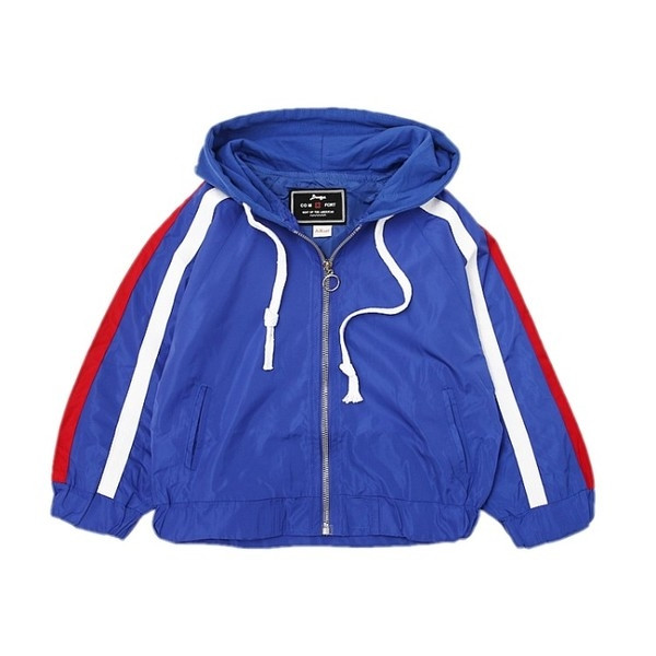 Geaca sport subtire pentru copii pentru baieti, cu gluga si margini colorate in rosu si albastru