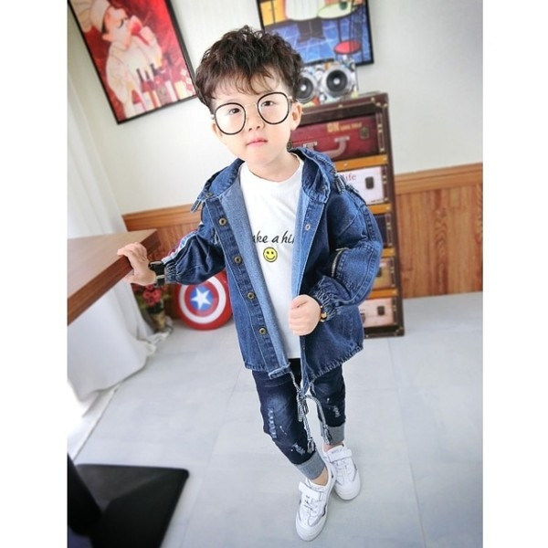 Geaca de toamna din blugi pentru baieti cu gluga si aplicatie