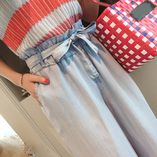 Blugi lungi de dama - model larg cu panglica