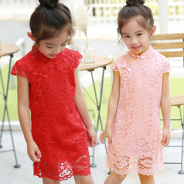 Rochie pentru copii din dantela pentru o fata in rosu si roz