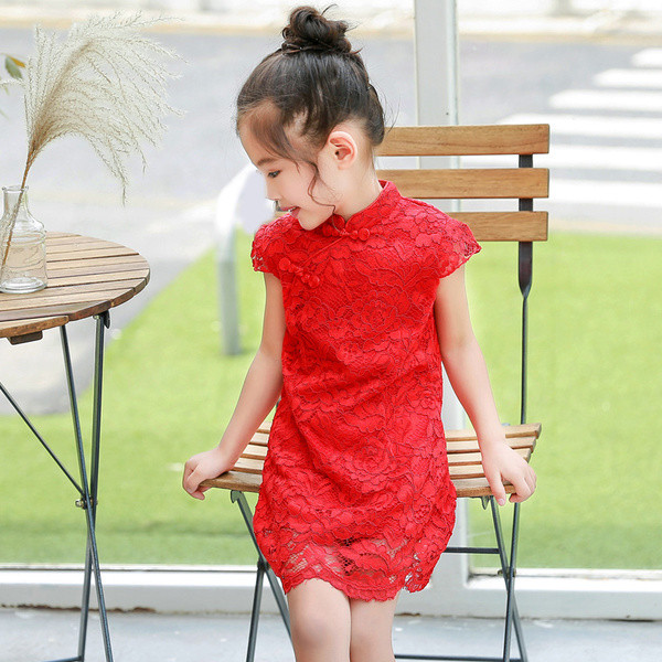 Rochie pentru copii din dantela pentru o fata in rosu si roz