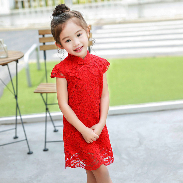 Rochie pentru copii din dantela pentru o fata in rosu si roz